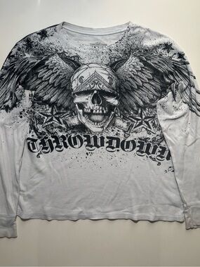 Men’s affliction Throwdown skull with wings knit long sleeve y2k shirt